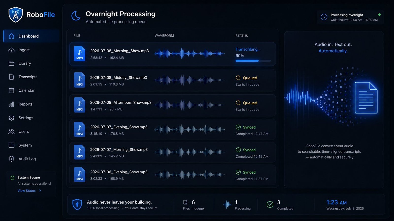 RoboFile overnight processing queue